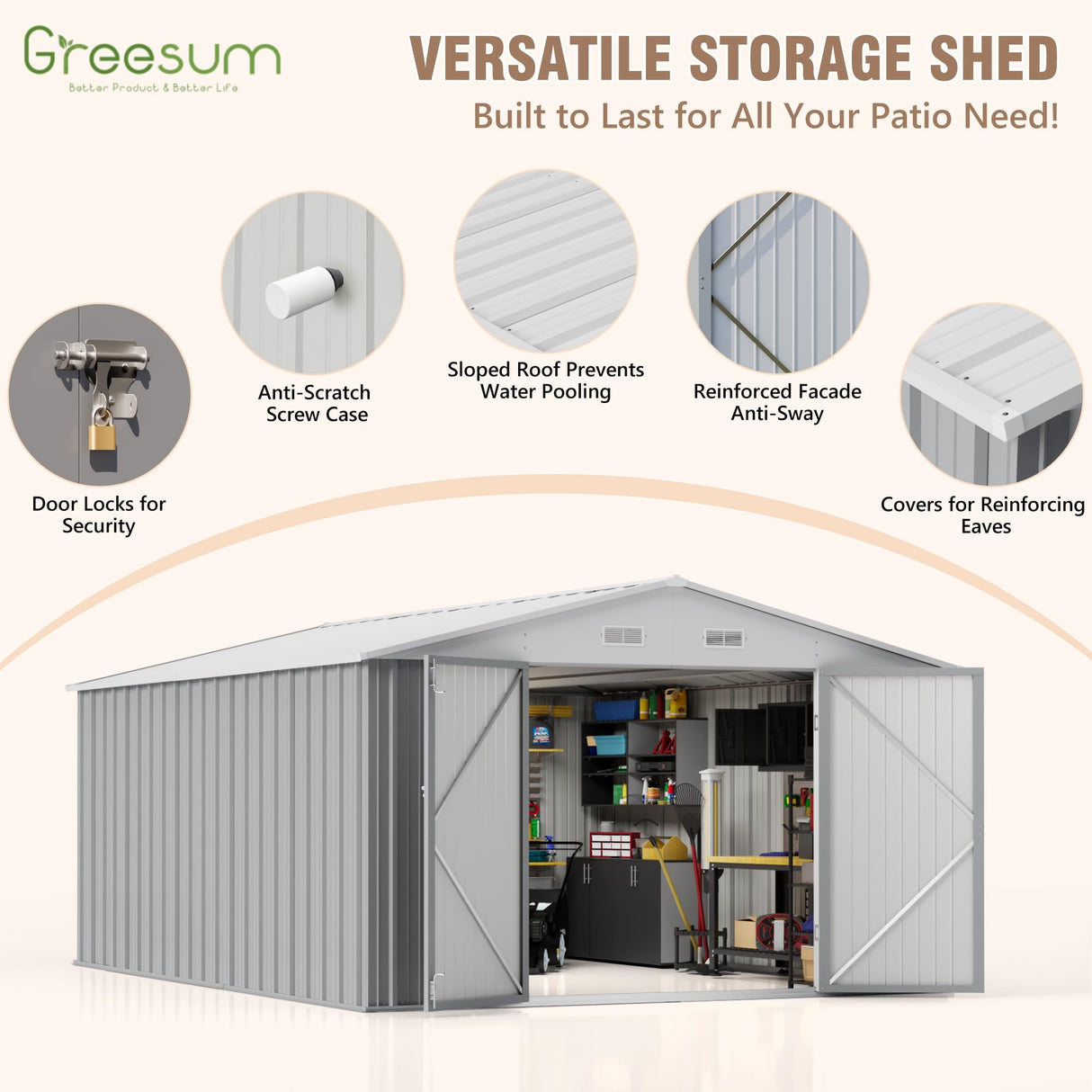 Greesum 10×14 FT Outdoor Storage Shed, Metal Storaged Sheds Without Floor, Tool Sheds with Lockable Doors and Sloping Roof for Garden, Patio, Backyard, Gray Greesum