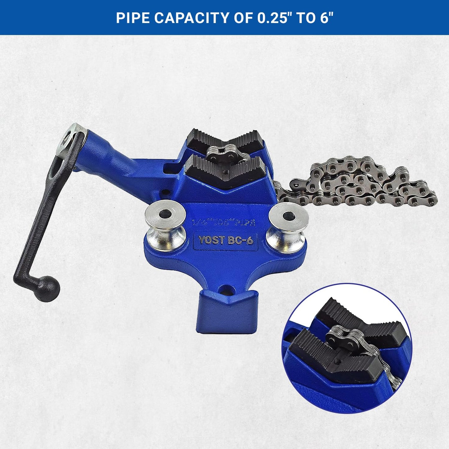 Yost Vises BC-6 Bench Chain Vise | 1/4 Inch to 6 Inch Pipe Clamp Capacity | Work Bench Vise | Heavy Duty Cast Iron Body and Durable Leg Chain | Blue - WoodArtSupply