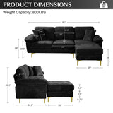 OUYESSIR L Shaped Sectional Sofa Couch, 3 Seat Velvet Sofa with Ottoman and Pillows, Upholstered Comfy Couch Sleeper for Living Room, Bedroom, 91 inches (Black) OUYESSIR