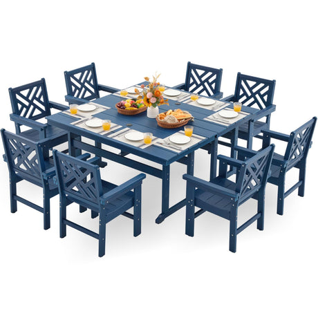 HDPE Outdoor Dining Set,10-Piece Outdoor Table and Chairs Include 8 Dining Chairs and 2 Pcs 62.5" Patio Dining Table with Umbrella Hole (Blue) AZXZCS