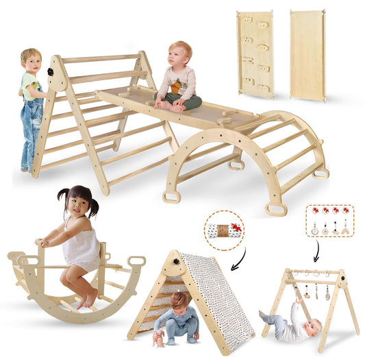 Utopia House 8 in 1 Pikler Triangle Set with Detachable Seesaw for 1.5-6 Years Old, Montessori Climbing Set, Toddler Climbing Toys Indoor Climbing Gym, Kids Climbing Toys, All Natural Wood