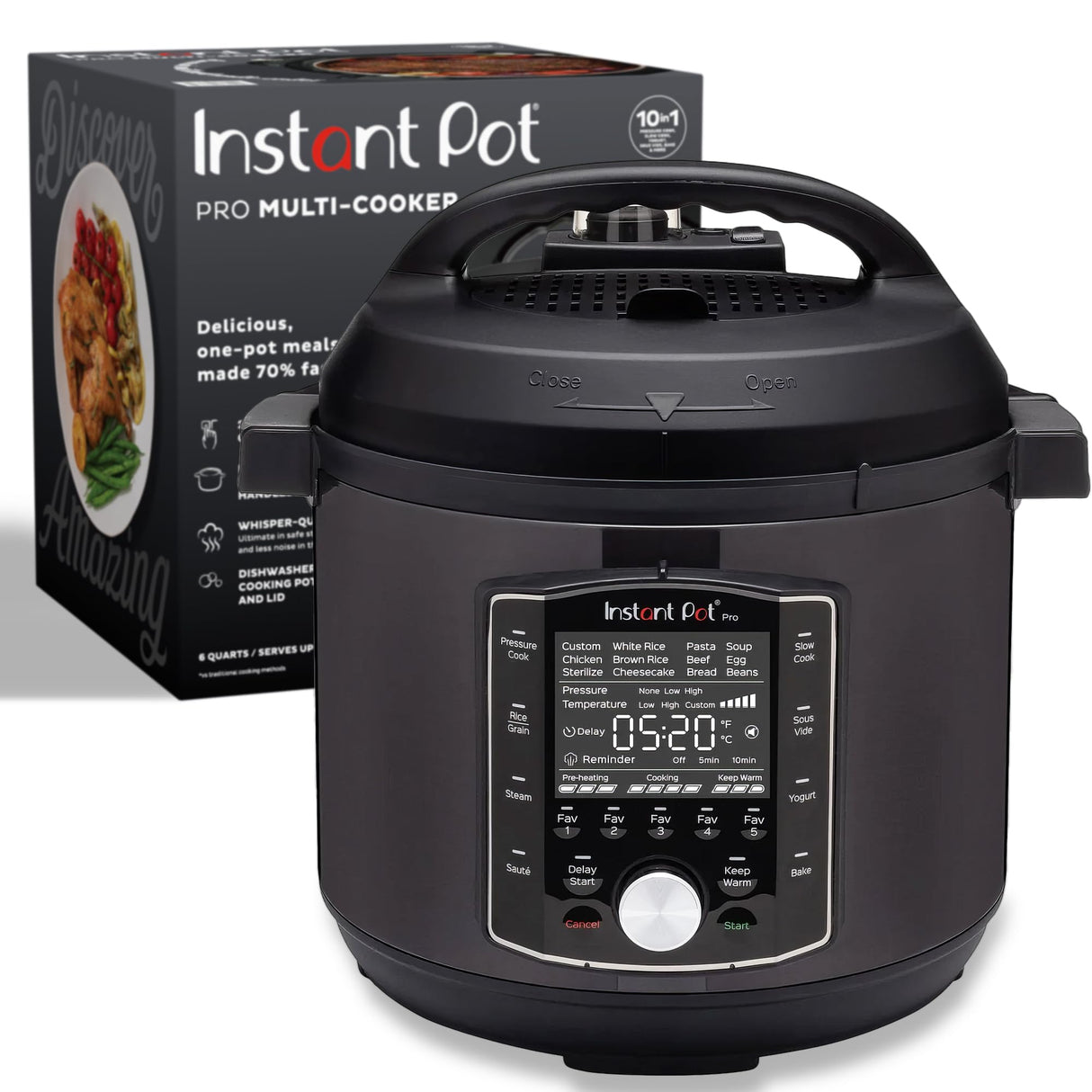 Instant Pot Pro 10-in-1 Pressure Cooker, Slow Cooker, Rice/Grain Cooker, Steamer, Sauté, Sous Vide, Yogurt Maker, Sterilizer, and Warmer, Includes App With Over 800 Recipes, Black, 6 Quart Instant Pot