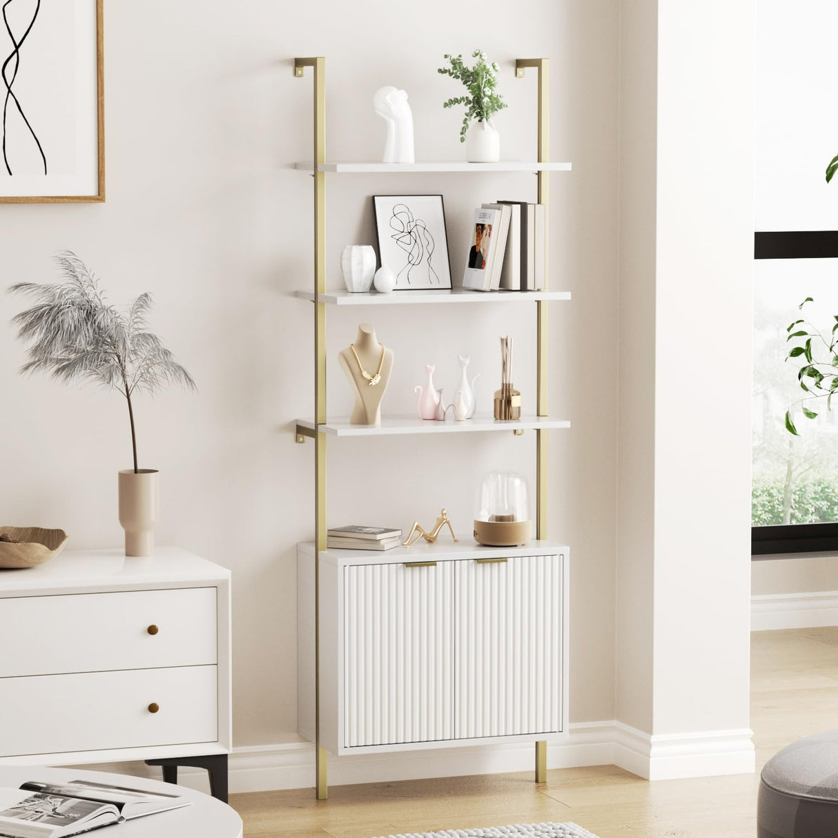 3 Tier White & Gold Ladder Shelf with Storage Cabinet, Modern Ladder Bookshelf with Doors, Wall Mount Bookcase with Metal Frame, Display Shelves for Living Room, Bedroom, Bathroom, Home Office Halitaa