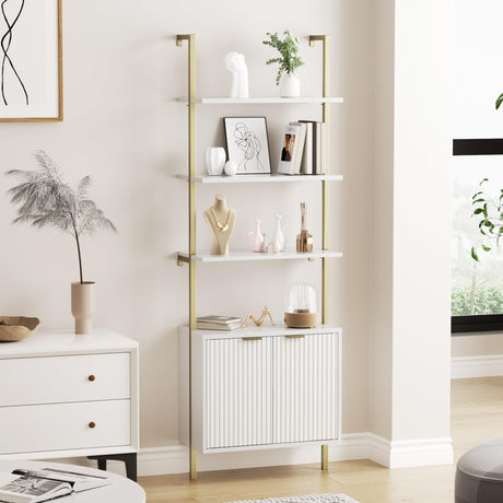 3 Tier White & Gold Ladder Shelf with Storage Cabinet, Modern Ladder Bookshelf with Doors, Wall Mount Bookcase with Metal Frame, Display Shelves for Living Room, Bedroom, Bathroom, Home Office Halitaa