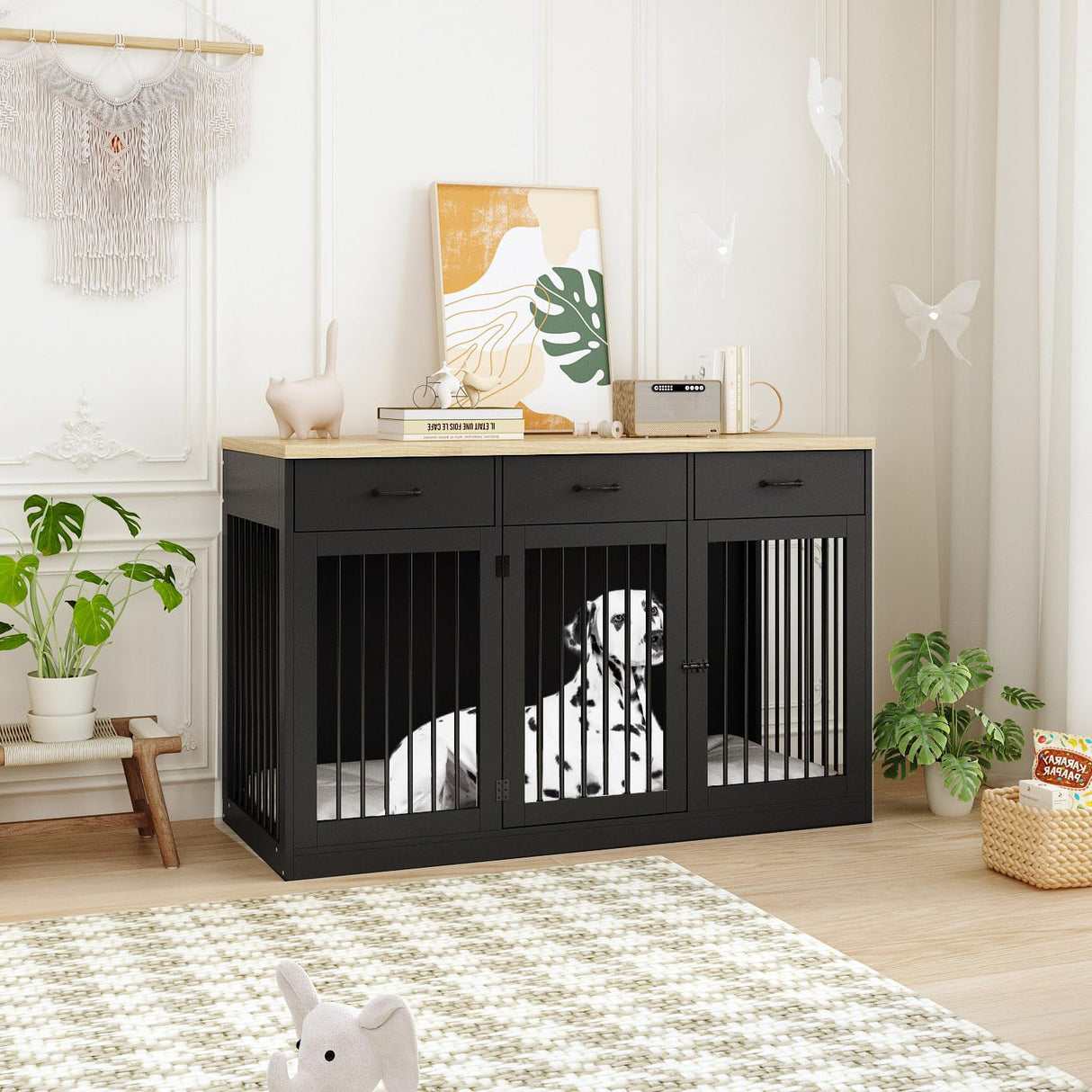 DAWNSPACES Extra Large Dog Crate Furniture with 3 Drawers, Indoor Heavy Duty Dog Kennel House, 55.3" Furniture Style Dog Crate Side End Table TV Stand for XL Large Medium Breed Dogs, Black DAWNSPACES