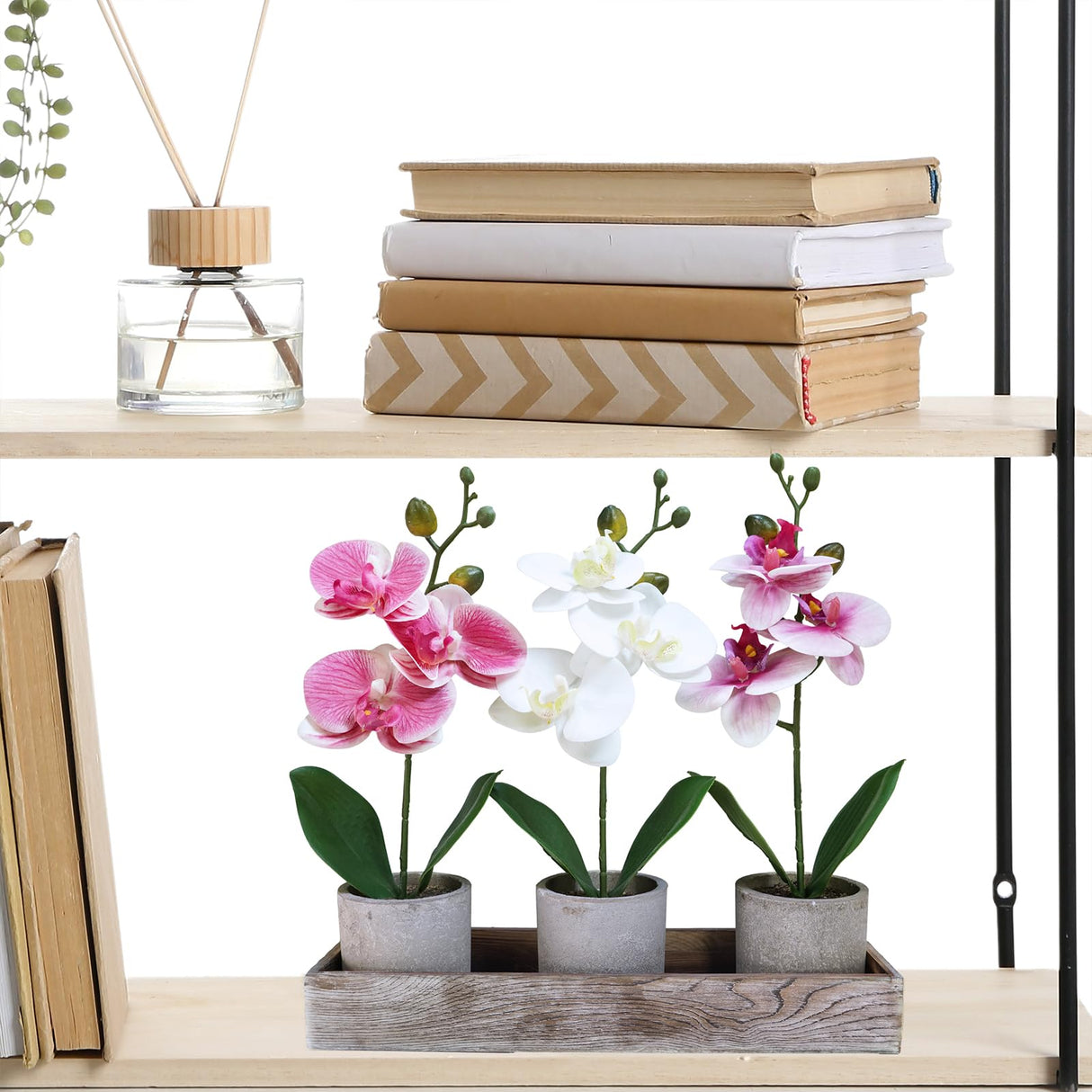 Winlyn Set of 3 Small Artificial Orchid Potted Plants Arrangement with Rustic Wood Planter Box Real Touch Faux Phalaenopsis Moth Orchid Flowers in Pots for Home Office Desk Shelf Table Centerpiece Winlyn