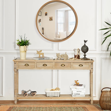 Wnutrees Farmhouse Console Table with 4 Drawers, 60" Long Narrow Boho Sofa Foyer Table with Large Storage Space, Solid Wood Frame and Legs for Wnutrees
