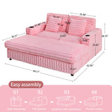 RARZOE 64'' Oversized Chaise Lounge Chair Indoor, Plush Faux Rabbit Fur Sleeper Sofa Bed with 4 Pillows, Charging Station & Cup Holders, Fluffy Comfy Cloud Couch Loveseat Sofa for Living Room,Pink RARZOE