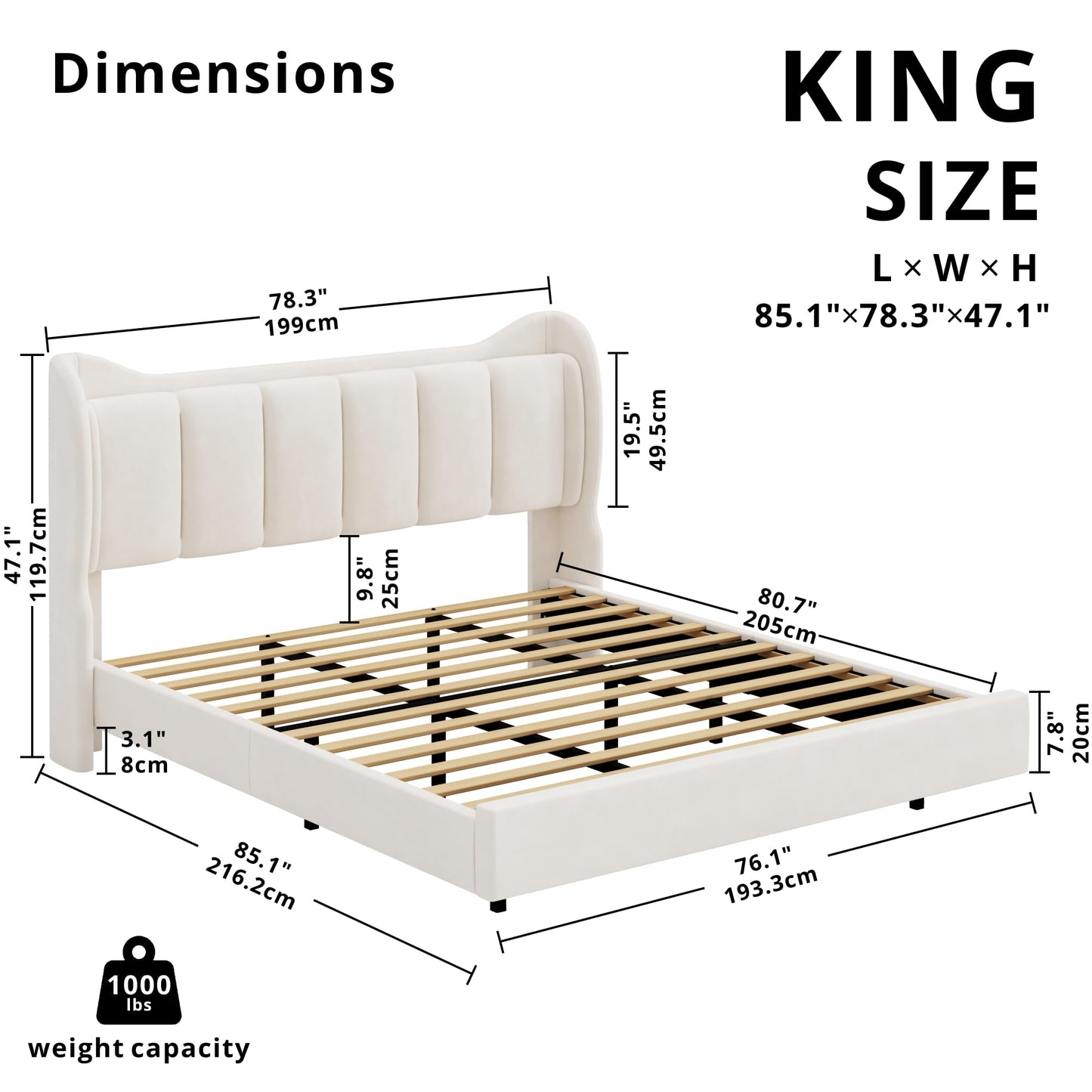 LIKIMIO Cream Floating King Bed Frame with Cat Ear Headboard & LED Lights - WoodArtSupply