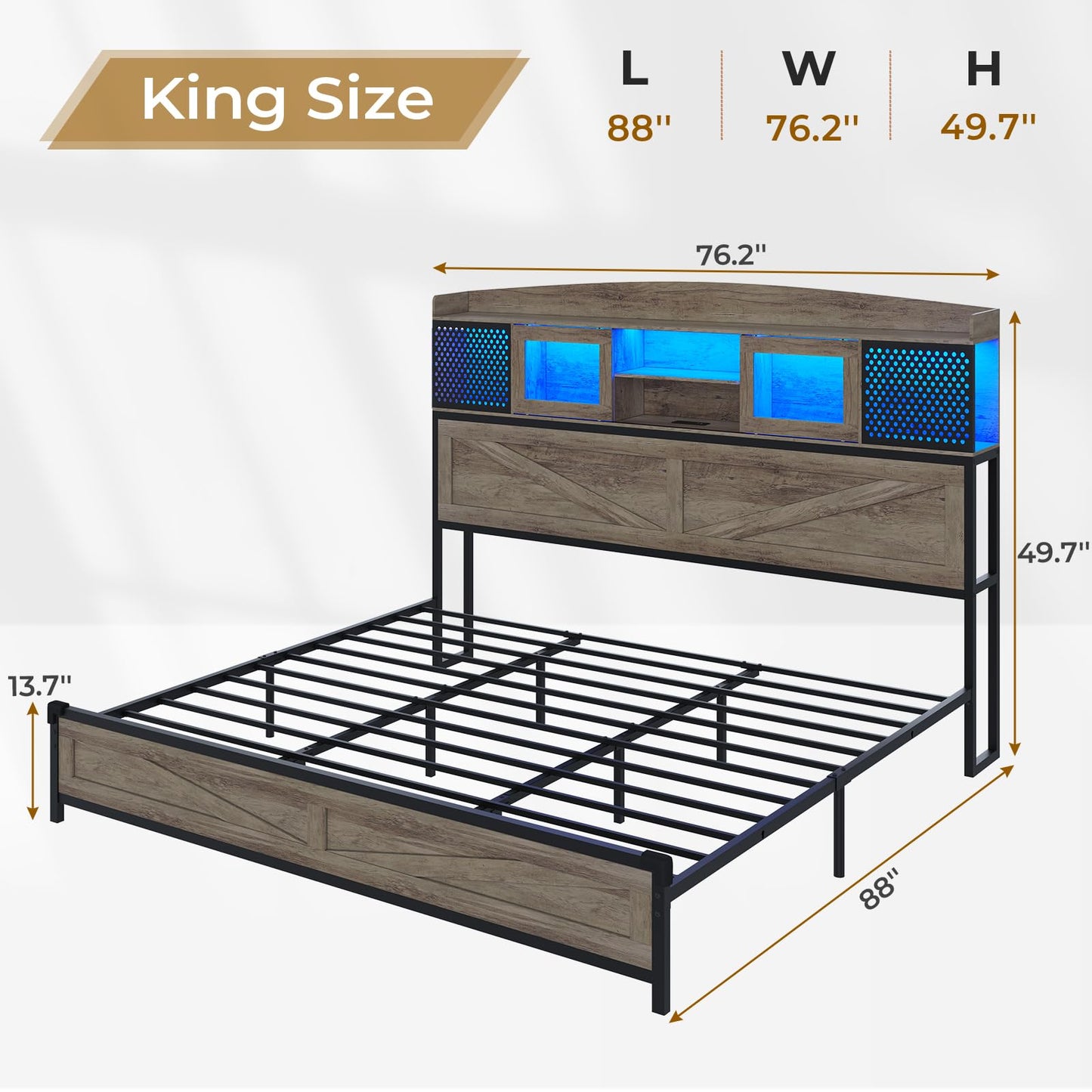 BTHFST Farmhouse Bed Frame King Size with Charging Station, King Size Bed Frame with Storage Headboard & LED Lights, King Platform Bed with Sliding Doors & Metal Slats Support, Noise-Free, Rustic Oak