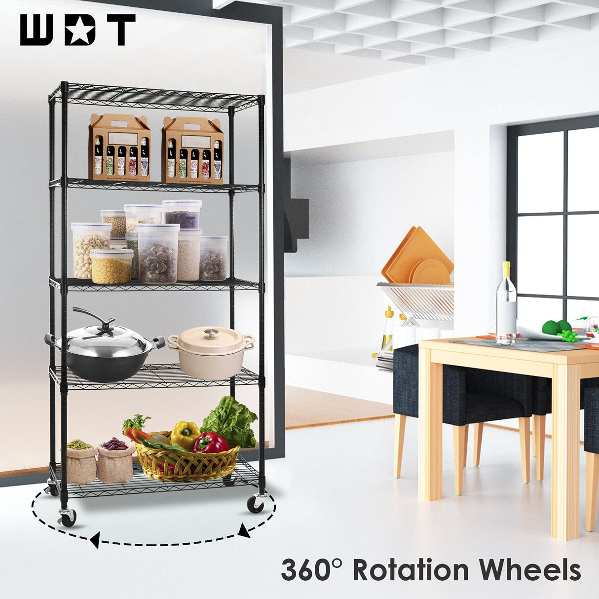WDT 5 Tier Shelf Shelving Unit with Wheels,Adjustable Metal Shelves for Storage, NSF Certified Wire Shelving Rack,1750Lbs Capacity Heavy Duty WDT
