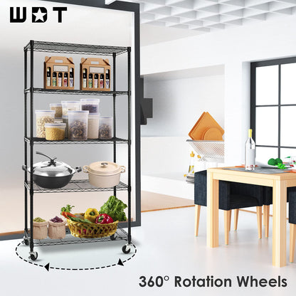 WDT 5 Tier Shelf Shelving Unit with Wheels,Adjustable Metal Shelves for Storage, NSF Certified Wire Shelving Rack,1750Lbs Capacity Heavy Duty - WoodArtSupply