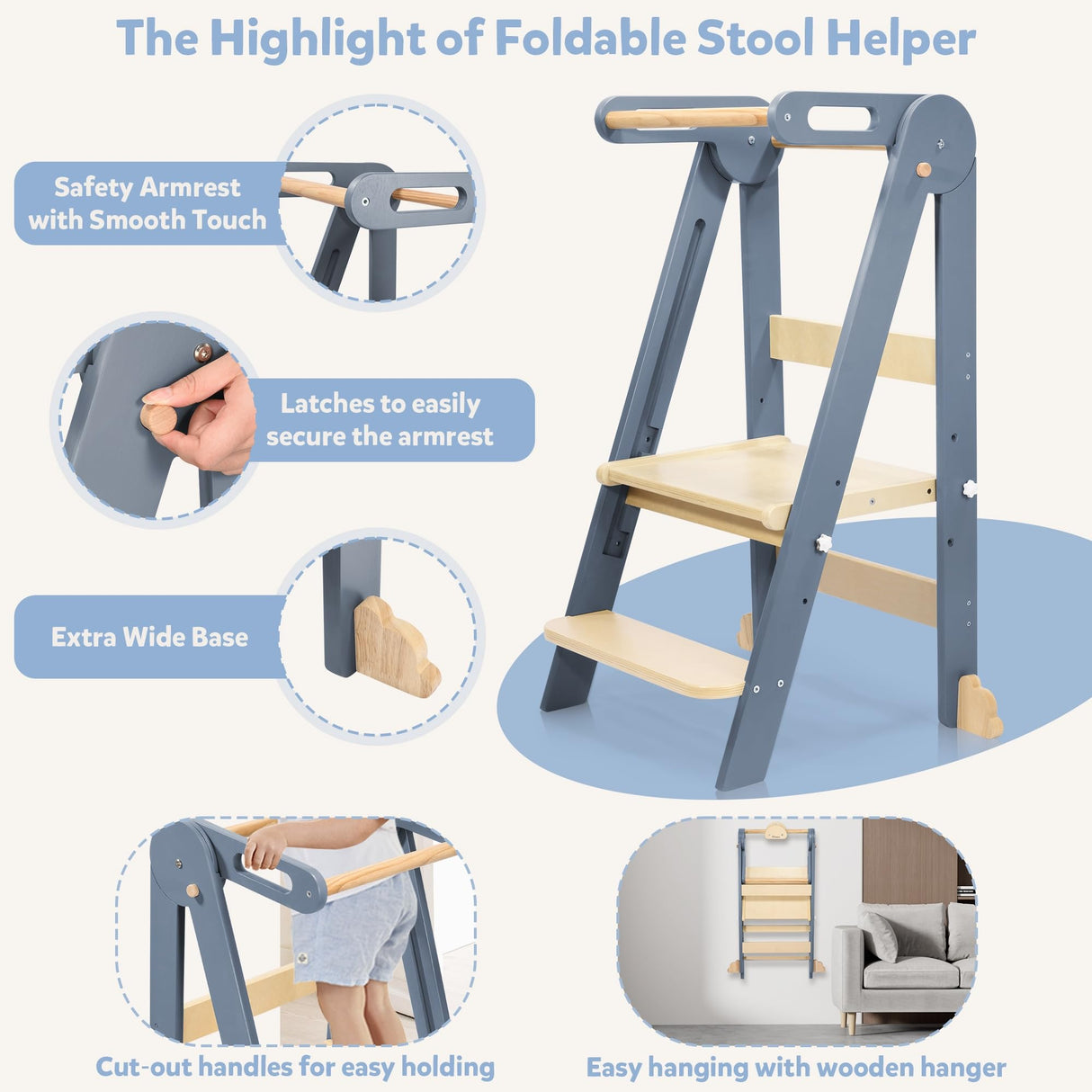 CONKKA Foldable Toddler Kitchen Step Stool with Hook, Pre-Assembled Wooden Folding Montessori Learning Helper for Kids, Toddlers Standing Tower with 3 Adjustable Height Stepping for Counter Sink-Gray CONKKA