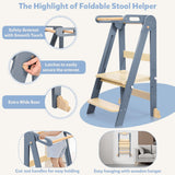 CONKKA Foldable Toddler Kitchen Step Stool with Hook, Pre-Assembled Wooden Folding Montessori Learning Helper for Kids, Toddlers Standing Tower with 3 Adjustable Height Stepping for Counter Sink-Gray CONKKA