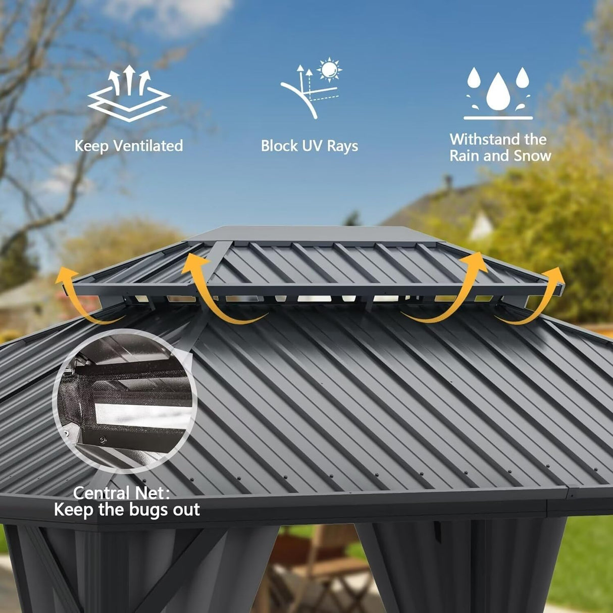 Domi 10’ X 14’ Hardtop Gazebo Canopy with Netting & Curtains, Outdoor Aluminum Gazebo with Galvanized Steel Double Roof for Patio Lawn and Garden, Gray domi outdoor living