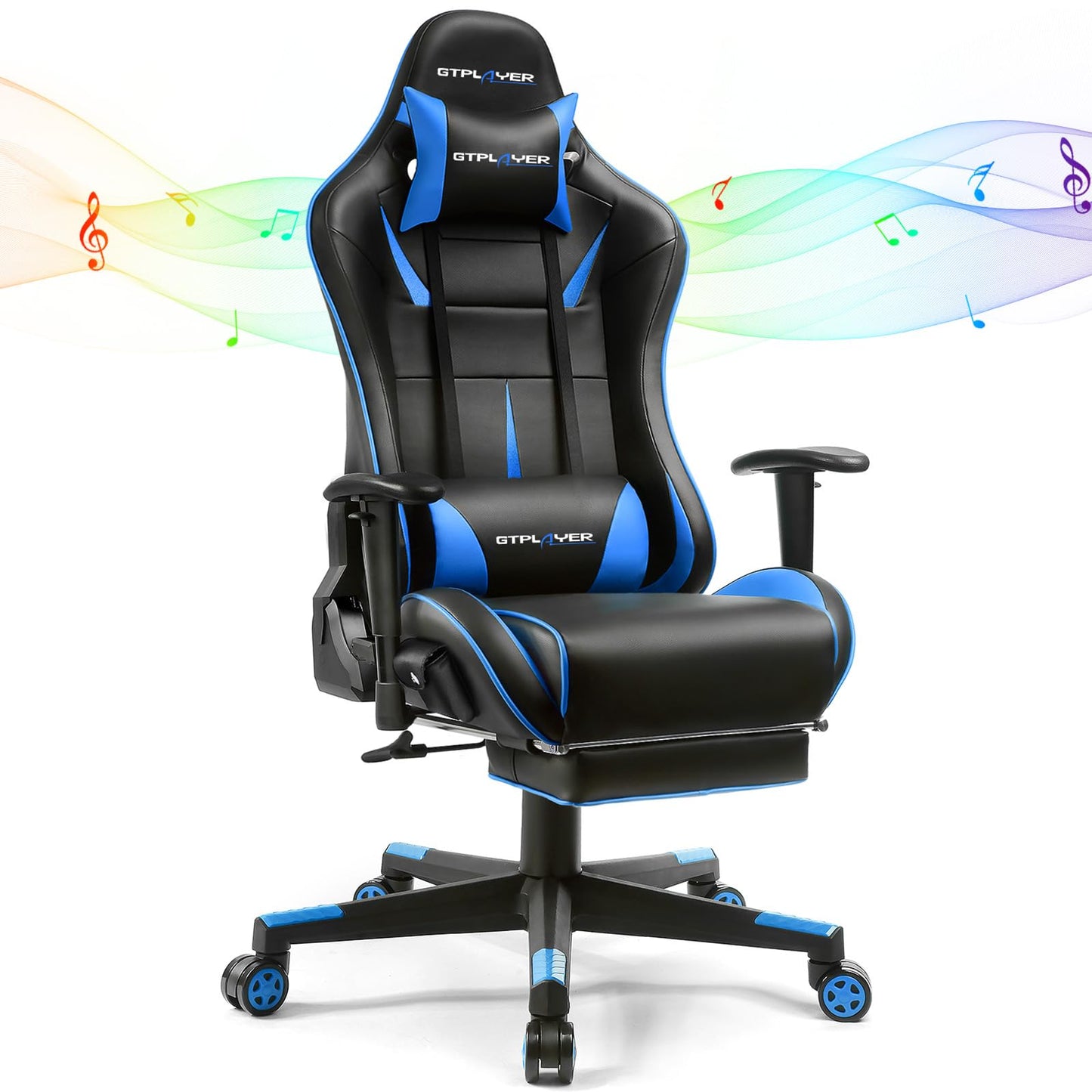 GTPLAYER Gaming Chair with Speakers Bluetooth, Ergonomic Office Desk Chair with Footrest & Lumbar Support, Height Adjustable Swivel Video Game Chair for Adults, 300lb Max (Blue)