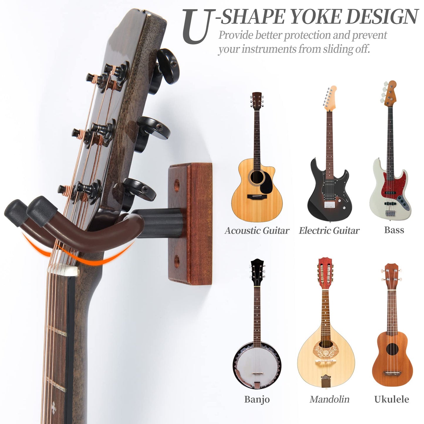 Guitar Wall Mount 2 Pack Wood Guitar Hanger for Safe Storage and Display Sturdy Wall Hanger for Acoustic Electric Guitar Bass Banjo Mandolin - WoodArtSupply