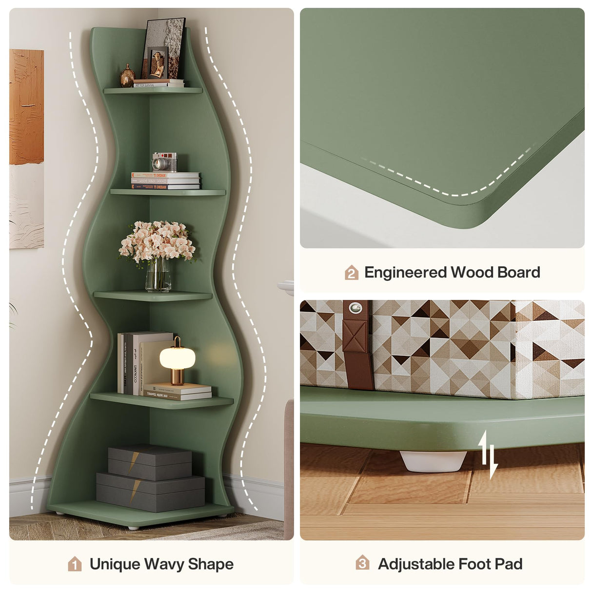Tribesigns Wavy Corner Shelf, Modern 5-Tier Bookshelf Bookcase with Curvy Shape, Unique Plant Stand Display Rack for Living Room Small Space (Green) Tribesigns