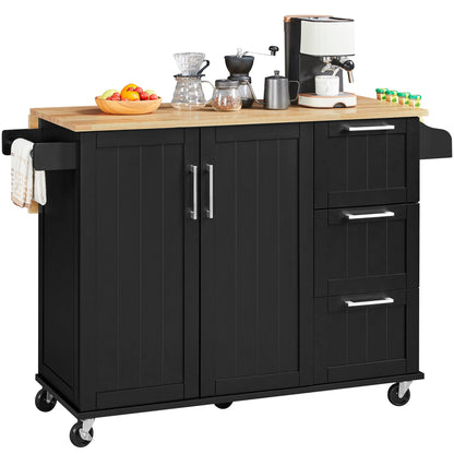 Yaheetech Black Kitchen Island Cart with Drop-Leaf Countertop, Storage Cabinet, and 3 Drawers on Wheels - WoodArtSupply