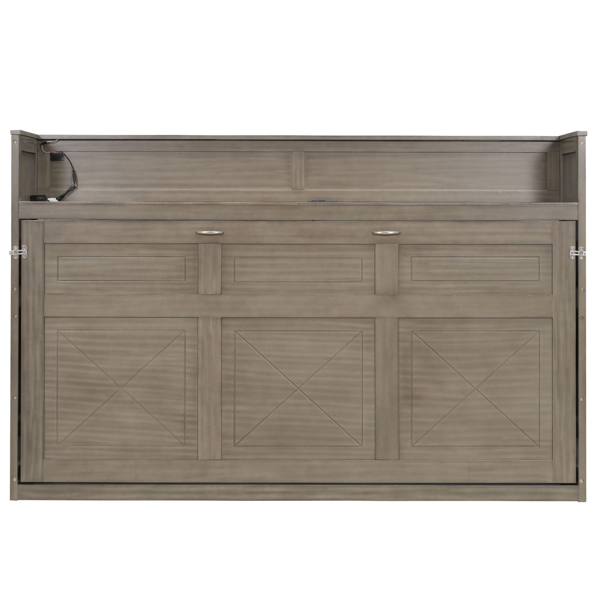 Twin XL Horizontal Murphy Bed with Storage Shelf,LED and Charging Station,Solid Wood Folding Hideaway Farmhouse Murphy Wall Bed Cabinet with Storage for Adults (Natural Wood,Twin XL) MERITLINE