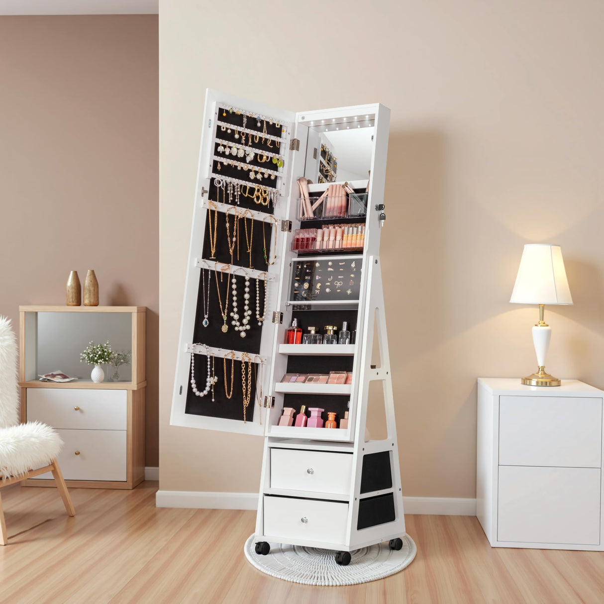 Furmax 360° Swivel Mirror Jewelry Cabinet with Lights, Full Length Mirror Jewelry Armoire Organizer, Standing Lockable Jewelry Storage Cabinet with 2 Drawers (White) Furmax