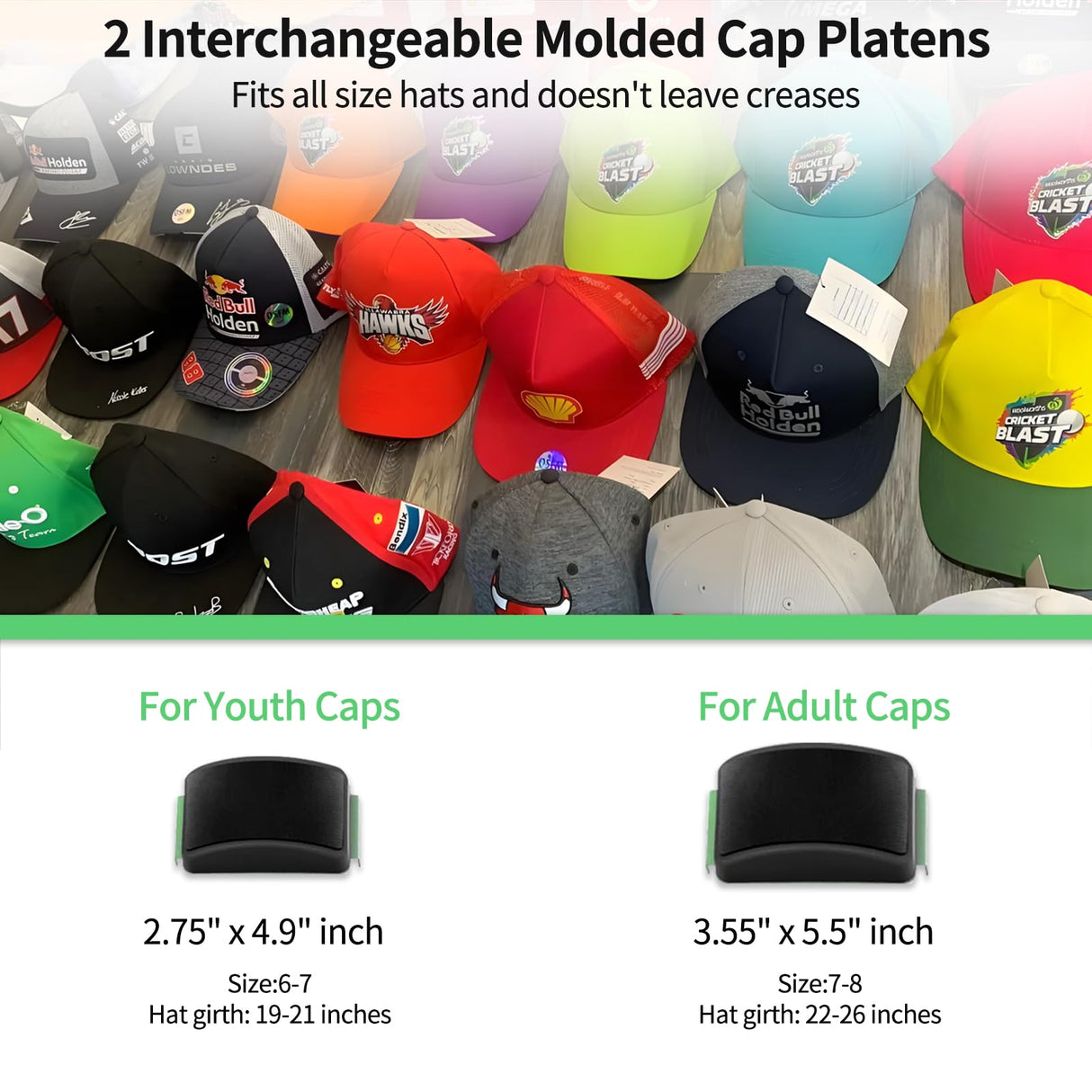 Hat Press, Hat Press Heat Machine for Caps with LCD Control, Hat Heat Press with 2pcs Interchangeable Platens & Caps Stretcher for Vinyl, Sublimation, Heat Transfer (Green) EONIX