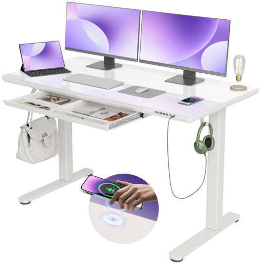 INNOVAR Wireless Charging Glass Standing Desk with Drawers, Adjustable Height Stand Up Desk, Electric Standing Desk with Storage, 55 inch, Super White - WoodArtSupply