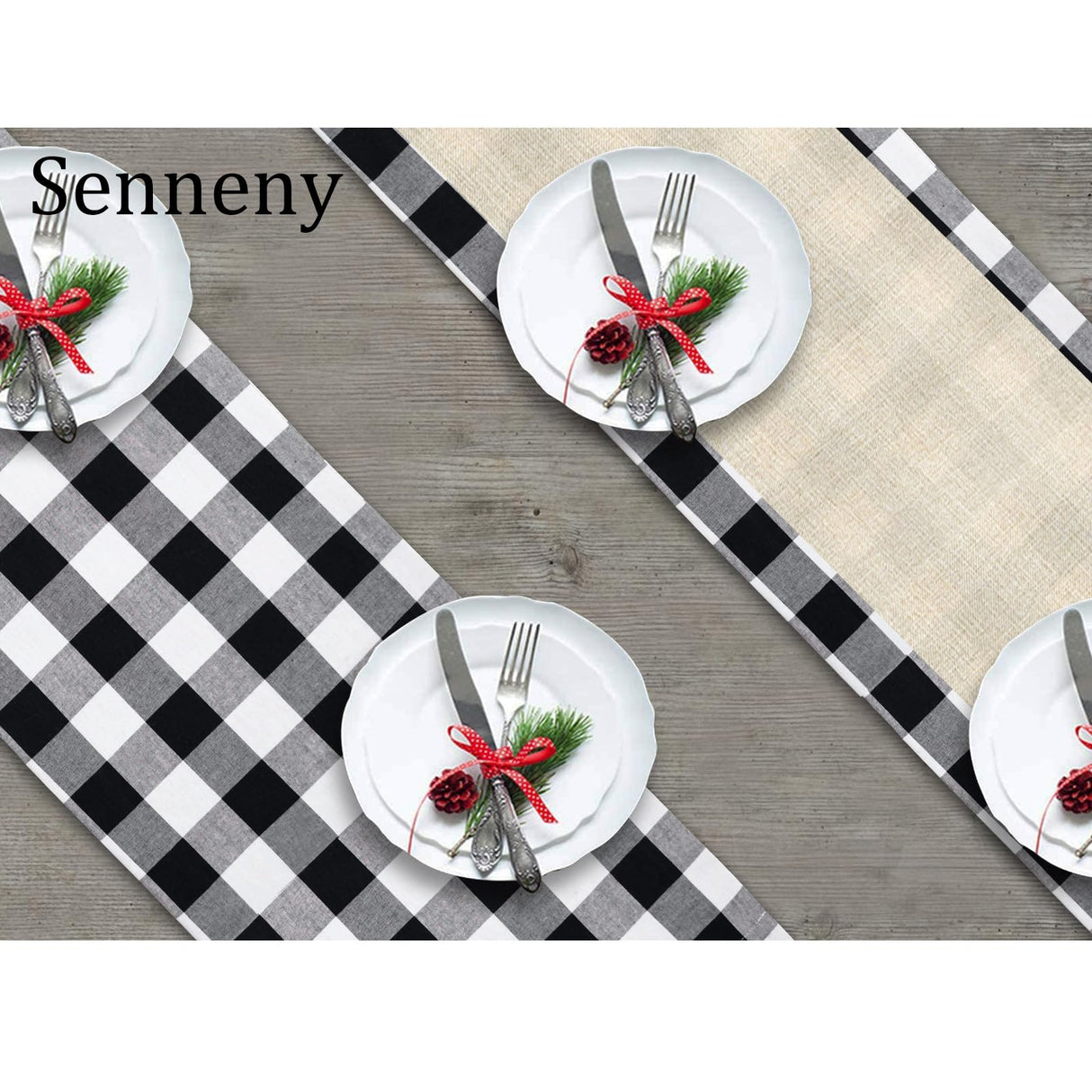 Senneny Buffalo Plaid Table Runner, Reversible Burlap & Cotton Table Runner, Farmhouse Buffalo Check Runner for Christmas Holiday Birthday Party Table Home Decoration Senneny
