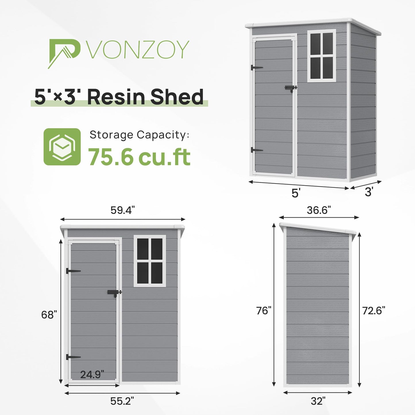 VONZOY Outdoor Resin Storage Shed, 5x3FT Plastic Storage Sheds with Floor, Lockable Door, Window, Waterproof Tool Sheds & Outdoor Storage Outside for Bike, Garbage Can,Garden, Grey White