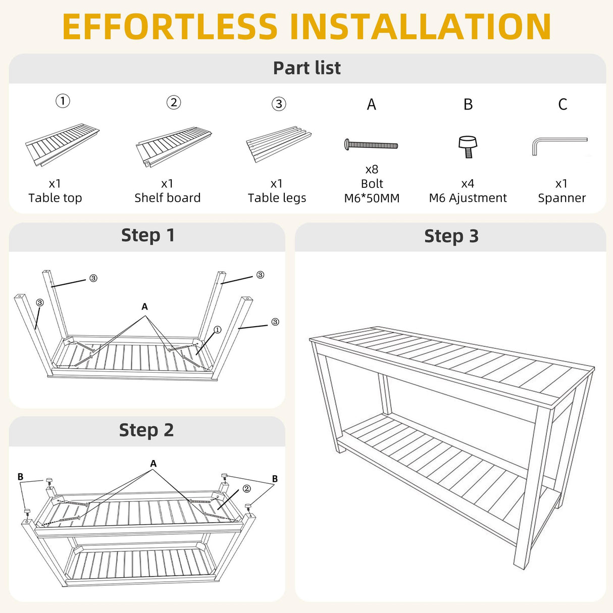 DWVO 48" Outdoor Bar Table Console Table, HIPS Material Indoor Outdoor Multifunctional Buffet Bar Storage Organizer with Adjustable Feet (Black) DWVO