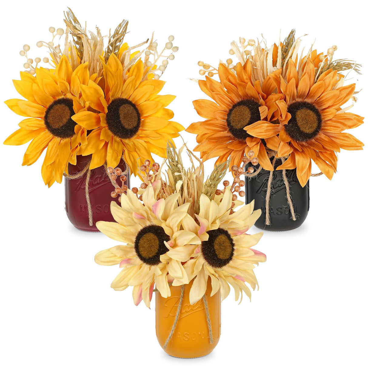 Fall Sunflower Mason Jar Centerpiece – Artificial Autumn Flowers in Rustic Glass Vase with Rope, Farmhouse Table Decor for Thanksgiving, Kitchen, Tiered Tray, Living Room, Mantel, Bathroom, Wedding DILATATA