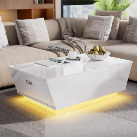 Cozy Castle High Gloss Coffee Table with LED, Modern Center Table with 2 Large Hidden Storage Drawers for Living Room, White, 47.2" W x 23.6" D x 13.4" H Cozy Castle