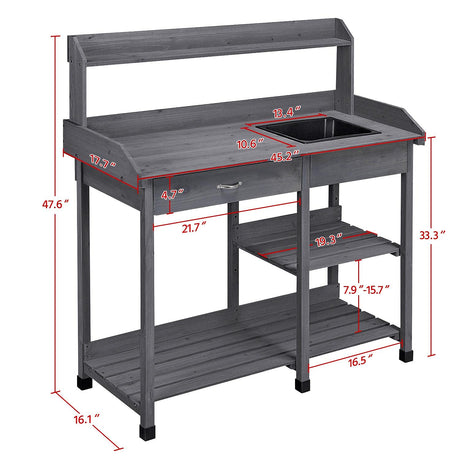 Yaheetech Outdoor Potting Bench Table Potters Benches Garden Workstation for Horticulture with Drawer/Adjustable Shelf Rack/Removable Sink/Hooks/Pads, Gray Yaheetech