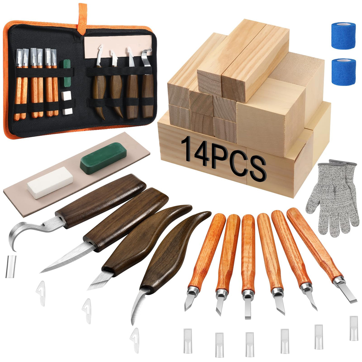 KINGBRO 42PCS Wood Carving Kit for Beginners,14 Basswood, Wood Whittling Kits for Beginner and Kids, Wood Carving Tools with Safety Protection. 10pcs Wood Carving Knife with 14pcs Wood Block. KINGBRO