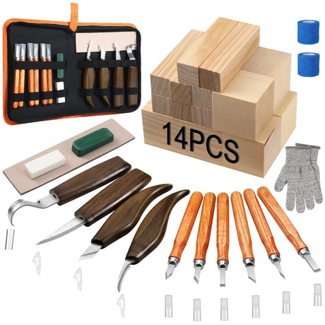KINGBRO 42PCS Wood Carving Kit for Beginners,14 Basswood, Wood Whittling Kits for Beginner and Kids, Wood Carving Tools with Safety Protection. 10pcs Wood Carving Knife with 14pcs Wood Block. KINGBRO