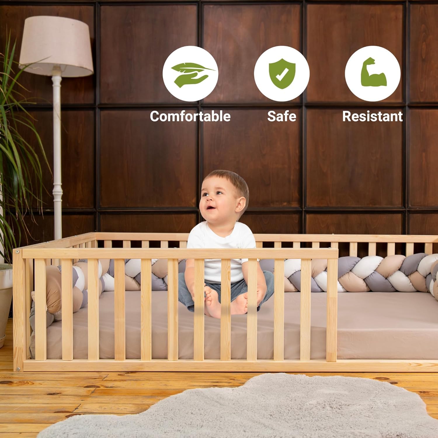 Montessori Floor Bed for Kids 52x27,5'' | Toodlers Floor Bed with Safety Guardrails | Pine Wood Baby Bed | Sturdy Wood Frame Bed for Girls and Boys (Crib, Height : 17 Inches) - WoodArtSupply