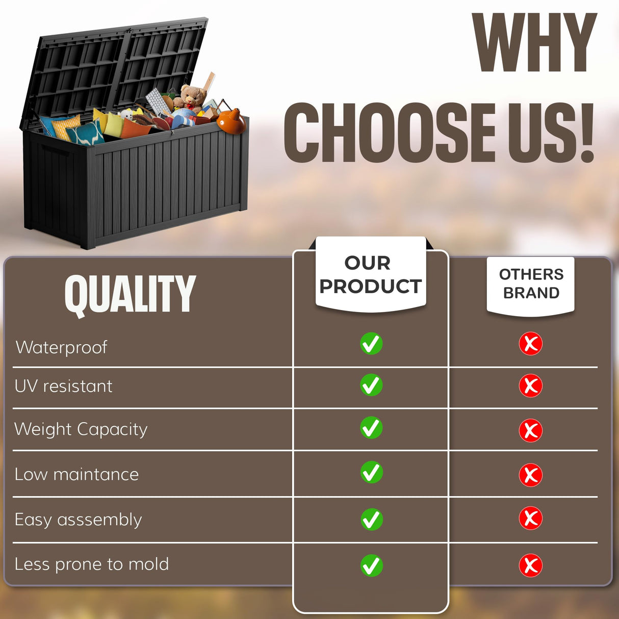 KFY Deck box,180 gallon indoor and outdoor storage box, Waterproof and sun-resistant resin material box, suitable for swimming pools, outdoor patios, garages（black） KFY