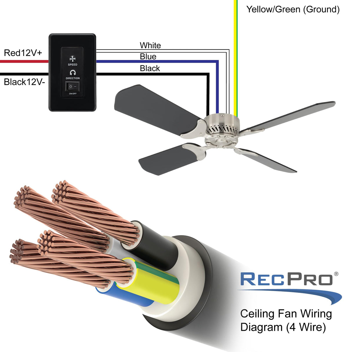 RecPro RV Ceiling Fan | 12V | 36" Brushed Nickel Finish | 4 Blades | Includes Switch (Oak) RecPro