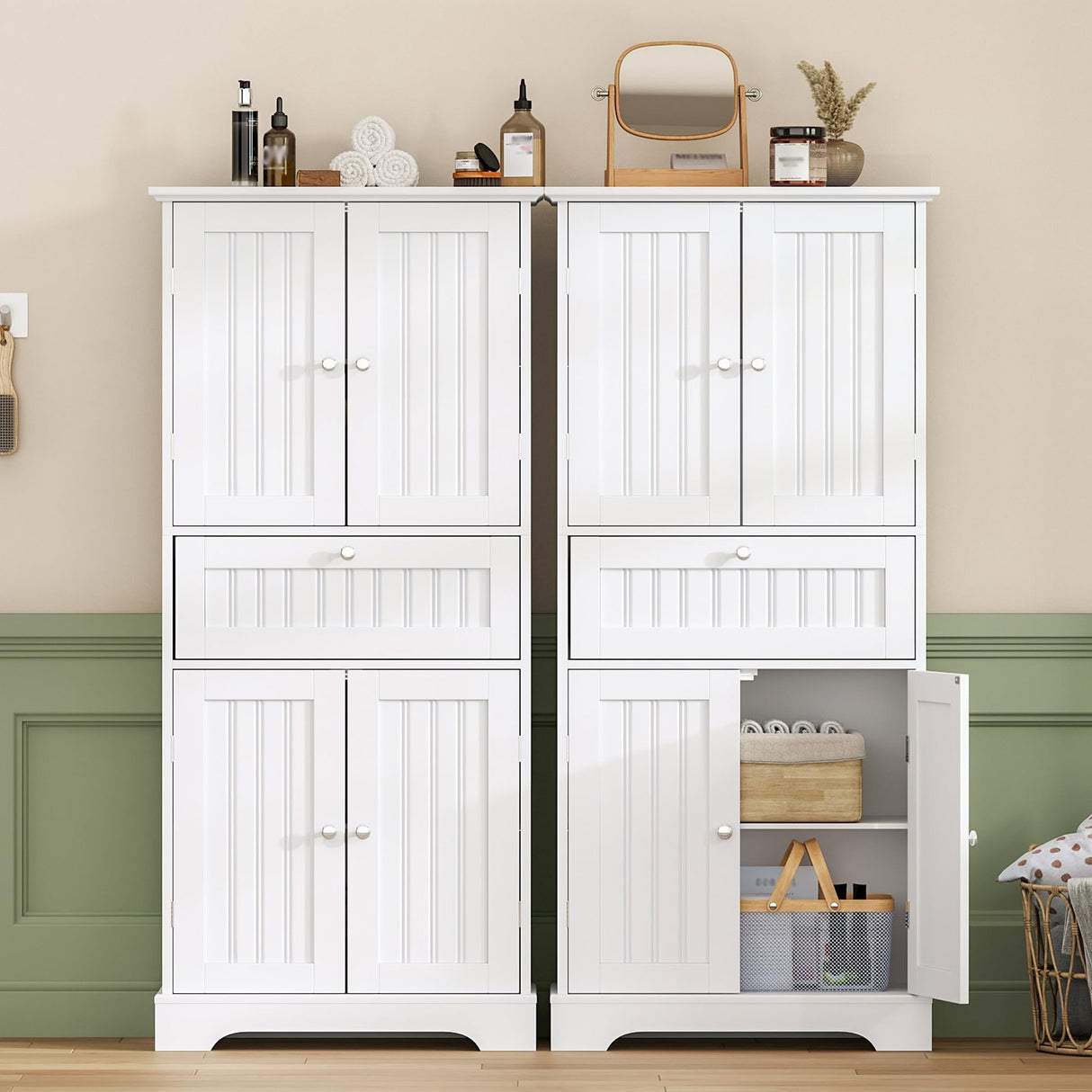 ChooChoo 51" H Tall Bathroom Floor Cabinet, Modern Bathroom Storage Cabinet with Drawer and Adjustable Shelves, Freestanding Kitchen Pantry Cupboard with 4 Doors for Living Room, White ChooChoo