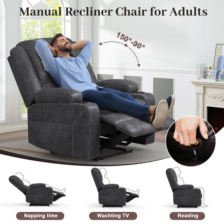 Yolsali Recliner Chairs for Adults, Oversize Manual Reclining Chair with 2-Tier Cushions, Dutch Velvet Recliner Chair with Hidden Storage Space, Living Room Recliner Chairs with Cup Holders - Grey Yolsali