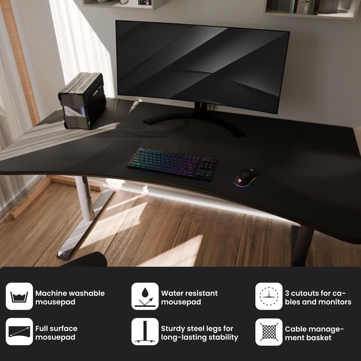 Arozzi Arena Ultrawide Curved Gaming and Office Desk with Full Surface Water Resistant Desk Mat with 3 Custom Monitor Mount Cut Outs and Under The Desk Cable Management Netting - Gunmetal Arozzi