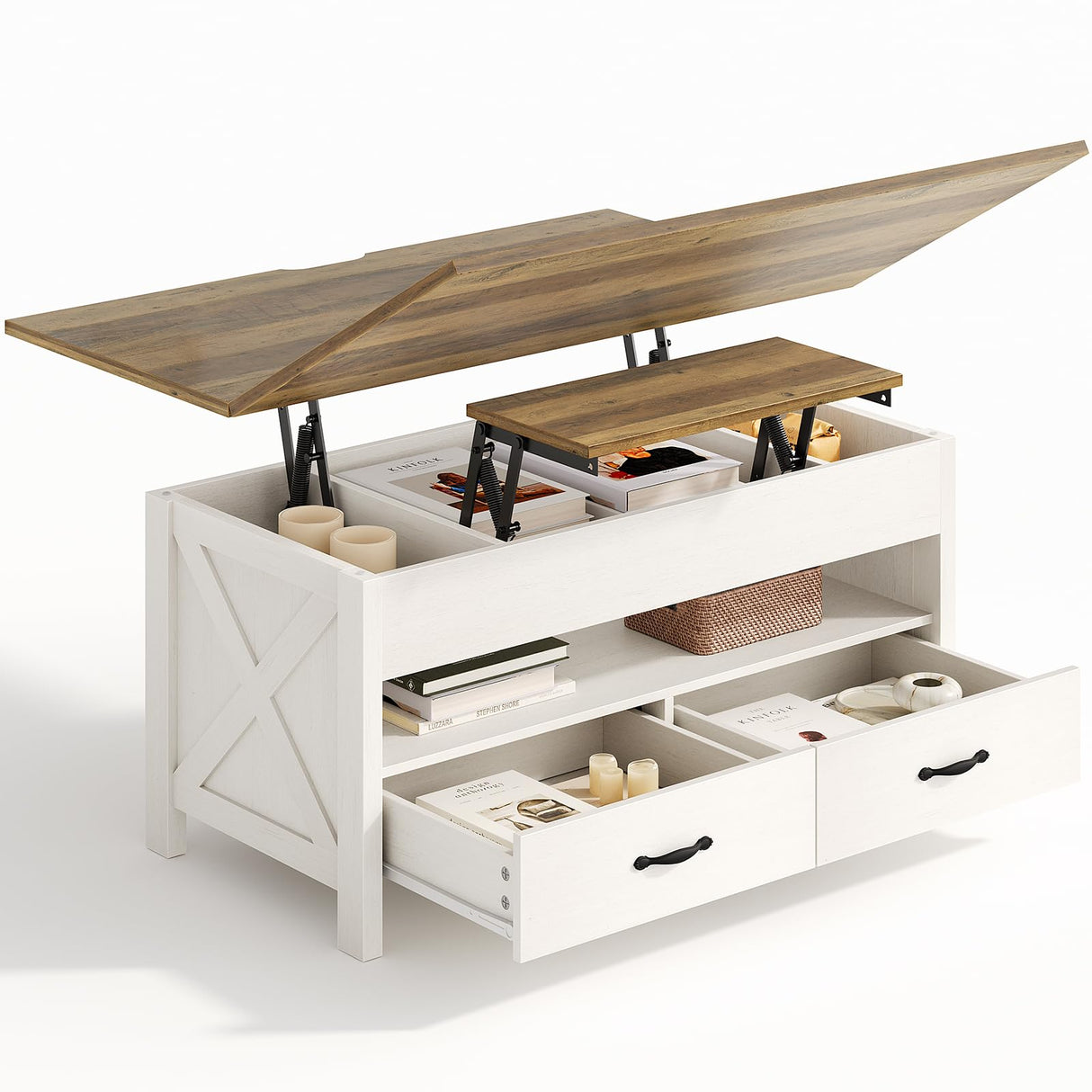 Amada Lift Top Coffee Table with Storage, Farmhouse Wood Coffee Table with Hidden Compartment, One Open Shelf and Two Drawers, Center Table for Living Room and Home Office, Brown & White AMADA HOMEFURNISHING