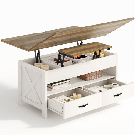 Amada Lift Top Coffee Table with Storage, Farmhouse Wood Coffee Table with Hidden Compartment, One Open Shelf and Two Drawers, Center Table for Living Room and Home Office, Brown & White AMADA HOMEFURNISHING