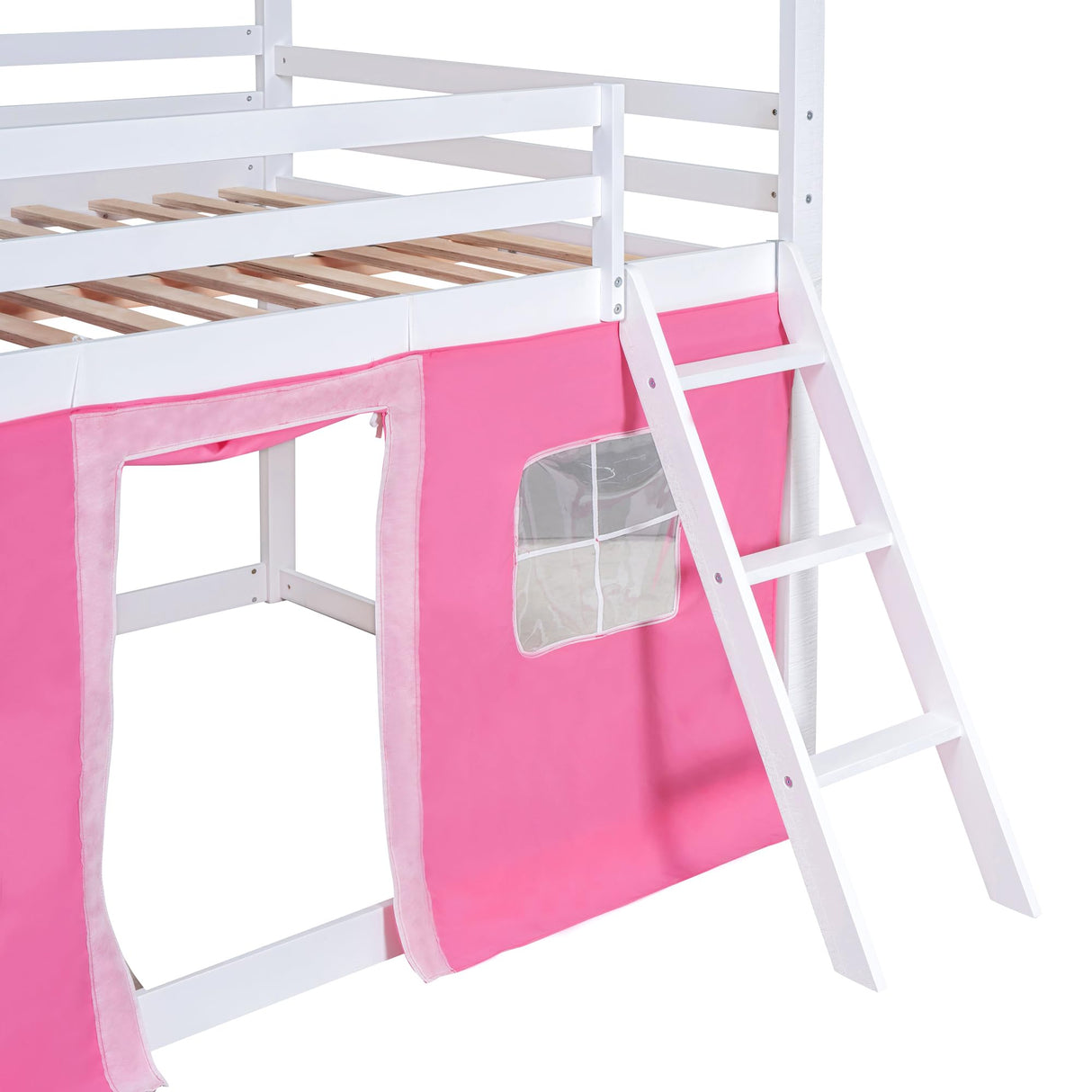 SOFTSEA Twin Over Twin House Bunk Bed for Kids, Floor Bunk Bed with Tent and Windows Sills, Wood Bunk Bed Frame with Slide Ladder and Guardrails, Twin Size House Shaped Bunk Bed for Girls Boys, Pink SOFTSEA