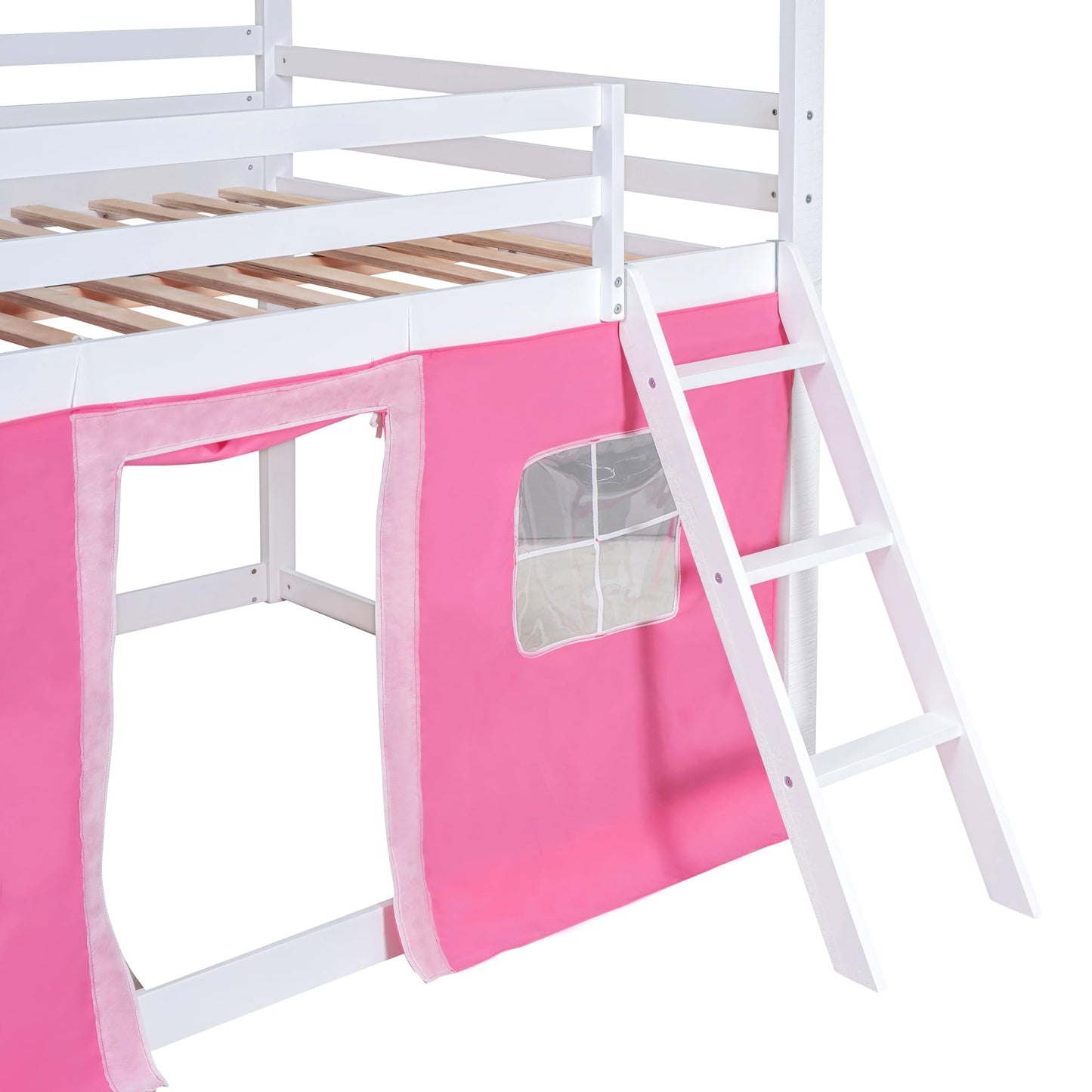 SOFTSEA Twin Over Twin House Bunk Bed for Kids, Floor Bunk Bed with Tent and Windows Sills, Wood Bunk Bed Frame with Slide Ladder and Guardrails, Twin Size House Shaped Bunk Bed for Girls Boys, Pink