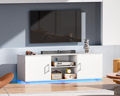 Huuger TV Stand for 55 Inch TV, Entertainment Center with LED Lights, 2 Cabinets, TV Console Media Cabinet with 6 Cable Holes, White TV Stand for Living Room, Bedroom