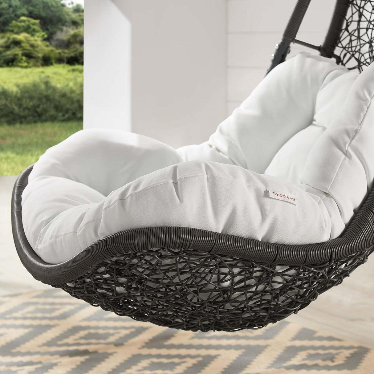 Modway Abate Wicker Rattan Outdoor Patio Porch Lounge Swing Chair Set with Stand in Gray White Modway