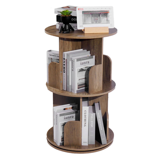 uyoyous 360° Rotating 2-Tier Solid Wood Bookshelf Tower for Small Spaces - Brown - WoodArtSupply