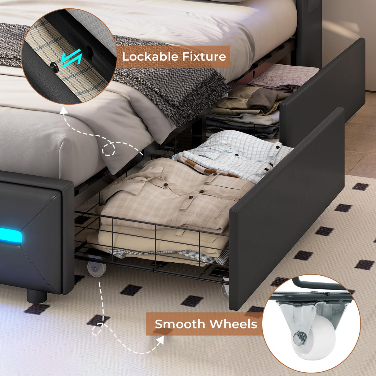 MSmask King Size Bed Frame with LED Lights, Storage Drawers, Charging Station & Wingback Headboard MSmask