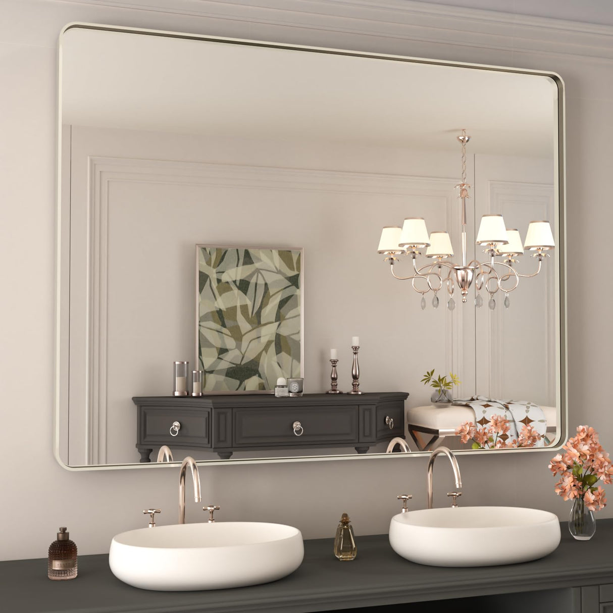 WEER 48X36 Inch Brushed Nickel Bathroom Mirror, Brushed Silver Metal Frame Mirror, Rounded Rectangle Silver Bathroom Vanity Mirror, Tempered Glass, Anti-Rust, Hangs Horizontally or Vertically WEER